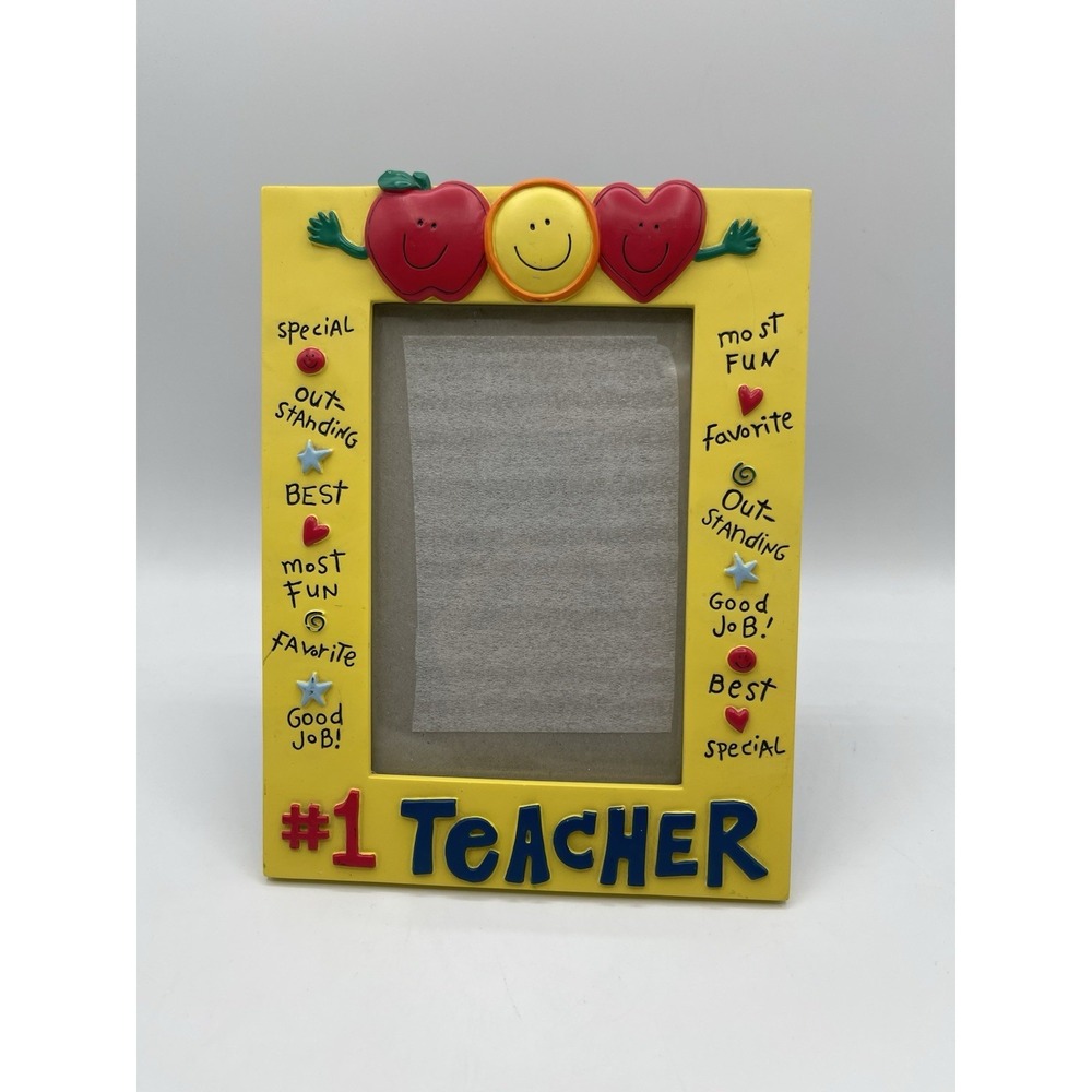 Russ #1 Teacher Picture Frame Yellow Resin Appreciation Apple Smiley Face 3.5x 5